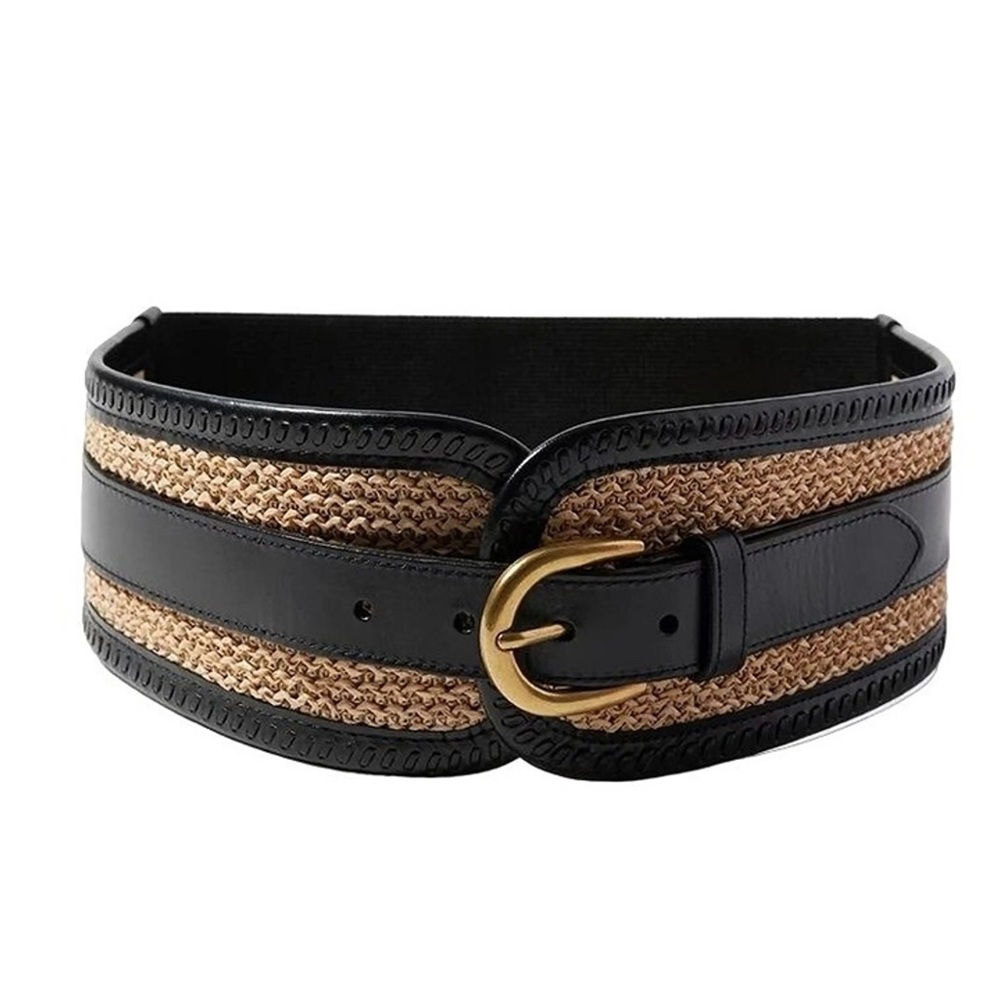 White House Black Market WHBM Raffia and Black Leather Waist Belt NWT Women’s XL